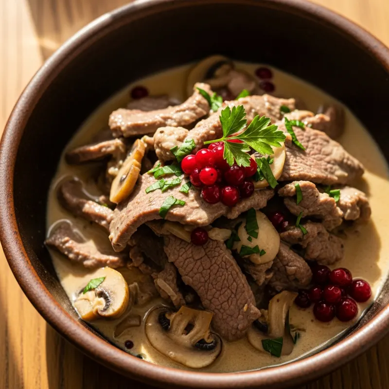 Traditional Swedish Renskav (sautéed reindeer) with lingonberries