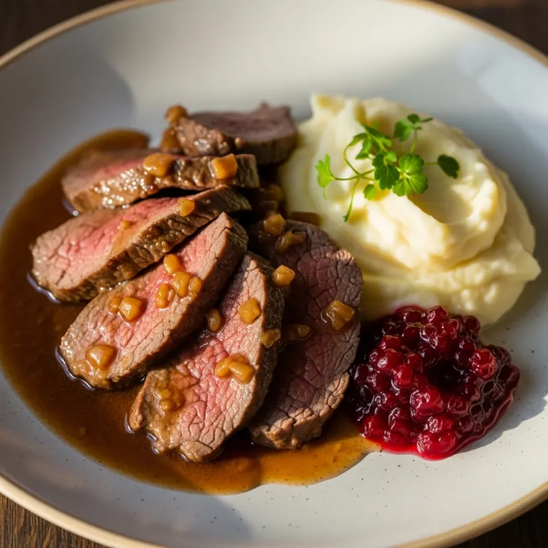 Traditional Swedish Renskav with reindeer meat, mashed potatoes, and lingonberries