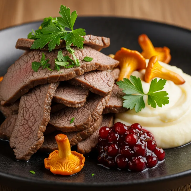 A plate of Renskav, a traditional Sami dish with sautéed reindeer meat, mashed potatoes, and lingonberry jam.