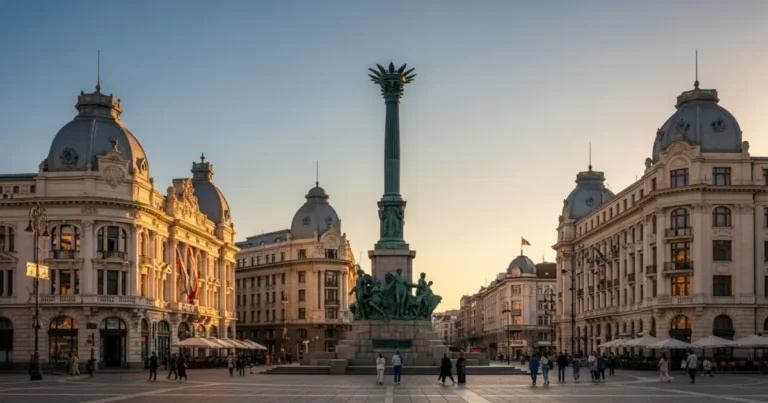 Ruse 1 Freedom Square in Ruse, Bulgaria, with the Monument of Liberty and historic architecture at sunset