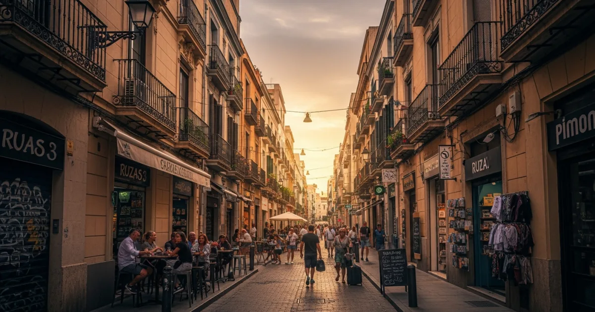 Vibrant street in Ruzafa, Valencia with colorful buildings and people