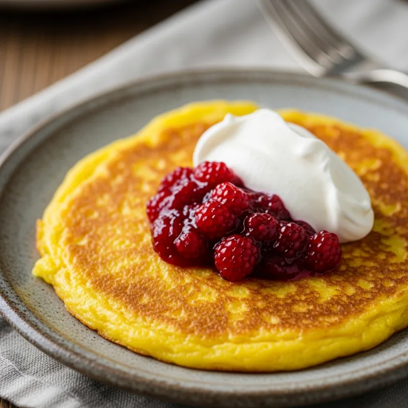 Saffranspannkaka, a traditional Gotlandic saffron pancake with dewberry jam and whipped cream.