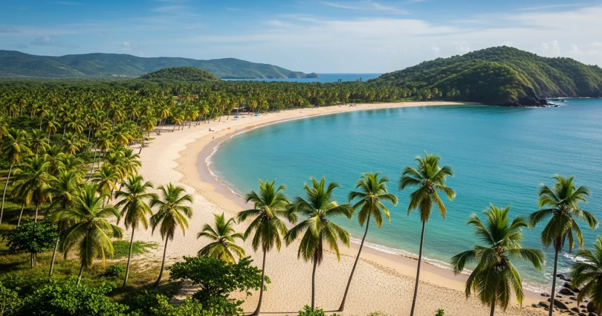 Panoramic view of Playa Rincón, a pristine white sand beach with turquoise waters and palm trees in Samaná Province, Dominican Republic.