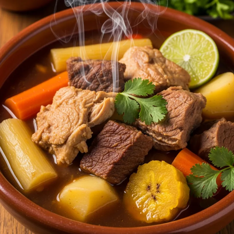 A steaming bowl of traditional Dominican Sancocho stew with meats and root vegetables.