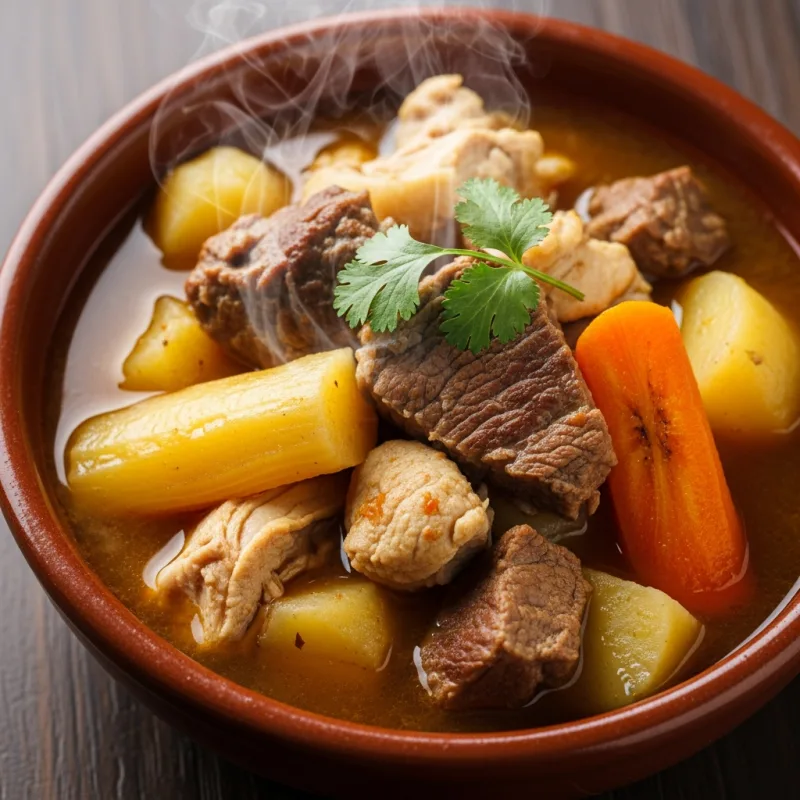 A hearty bowl of Dominican Sancocho stew with various meats and root vegetables.