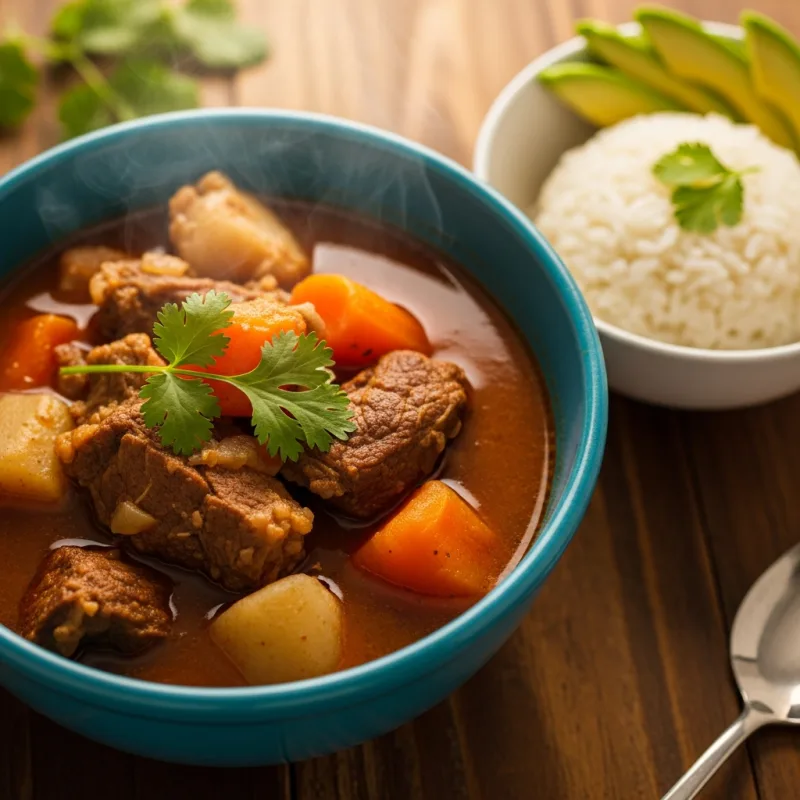 Dominican Sancocho stew with rice and avocado