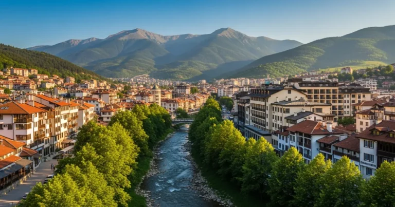 Sandanski 10 Panoramic view of Sandanski, Bulgaria, with Pirin Mountains and river