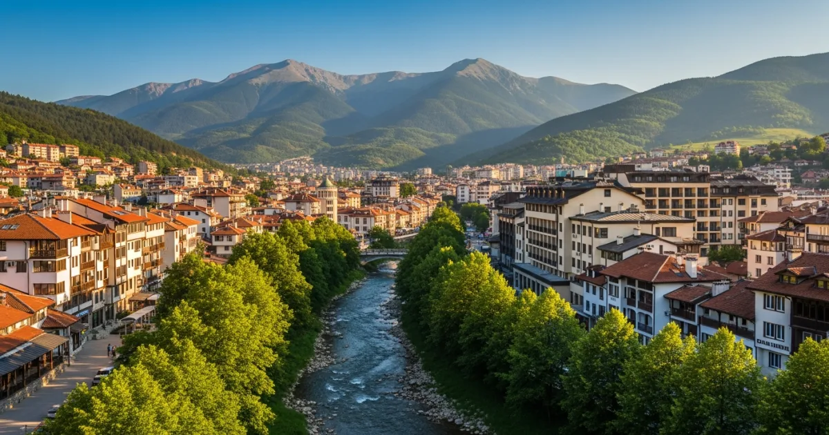 Panoramic view of Sandanski, Bulgaria, with Pirin Mountains and river