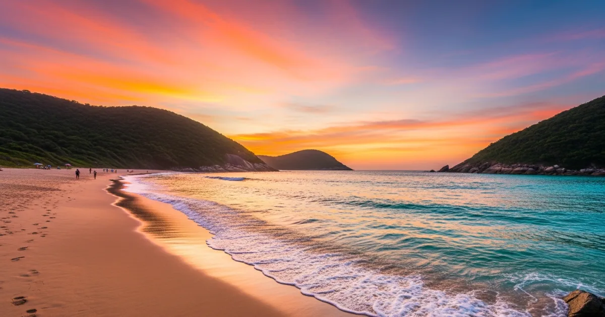 Panoramic sunset view of a beautiful beach in Santa Catarina, Brazil