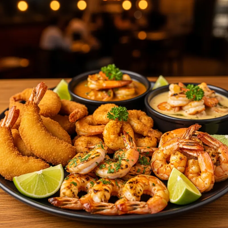 A plate of Sequência de Camarão with various shrimp preparations