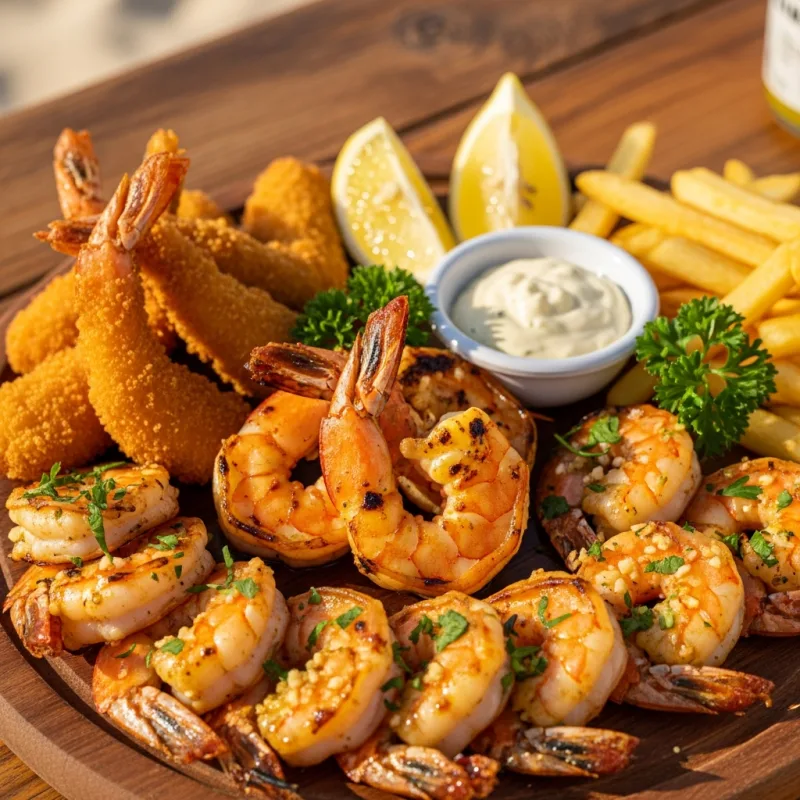 A large platter of Sequência de Camarão with various shrimp preparations, fries, and lemon wedges.