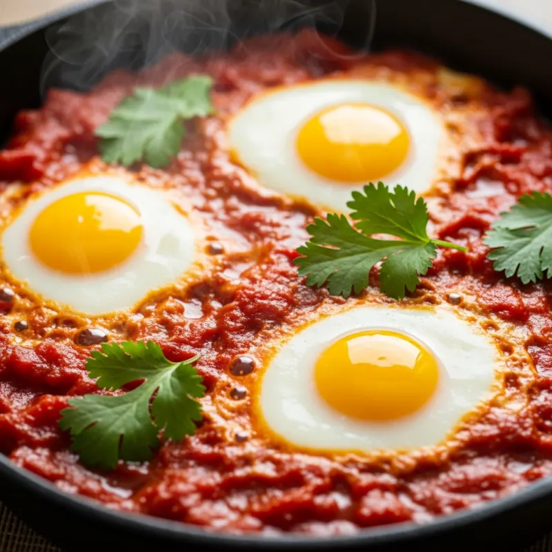 Shakshuka, a traditional Middle Eastern dish with eggs poached in tomato sauce