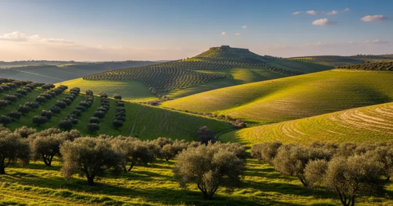 Shephelah 12 Panoramic view of the rolling green hills and ancient tells of the Shephelah region in Israel at sunset.