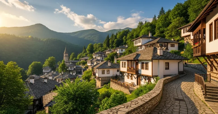 Shiroka Laka 16 Panoramic view of Shiroka Laka village in the Rhodope Mountains, Bulgaria, with traditional houses and green slopes.