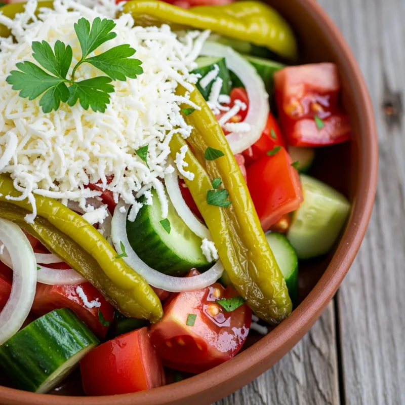 Traditional Bulgarian Shopska Salata with fresh vegetables and sirene cheese