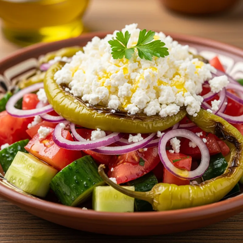 A fresh Bulgarian Shopska Salata with tomatoes, cucumbers, peppers, and sirene cheese.