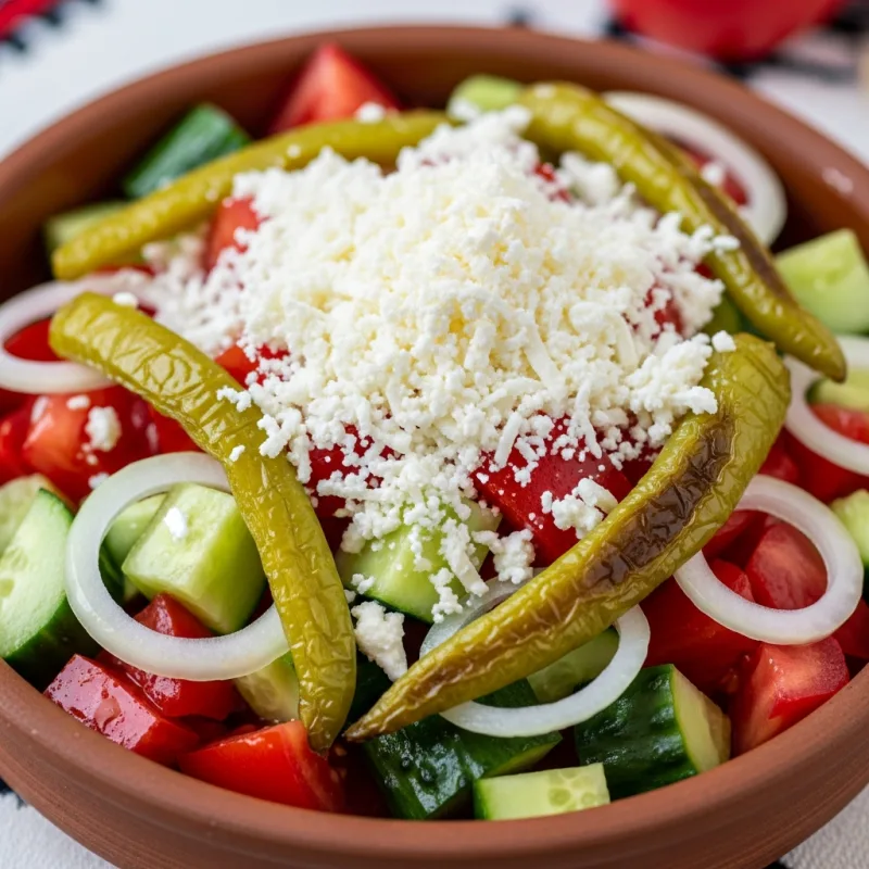 A fresh Shopska Salata with tomatoes, cucumbers, peppers, and sirene cheese.