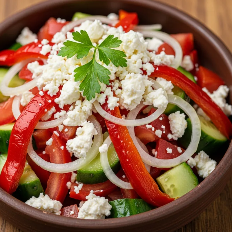Traditional Bulgarian Shopska Salata with tomatoes, cucumbers, peppers, and sirene cheese.