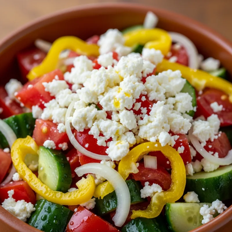 A fresh Shopska Salata with tomatoes, cucumbers, peppers, and sirene cheese.