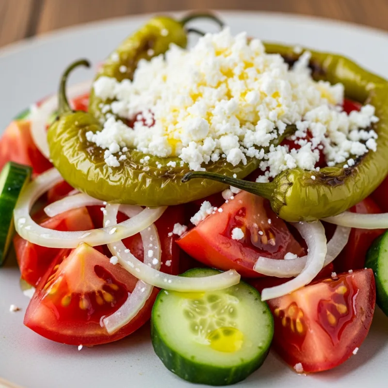 A fresh Bulgarian Shopska Salata with tomatoes, cucumbers, peppers, and sirene cheese.