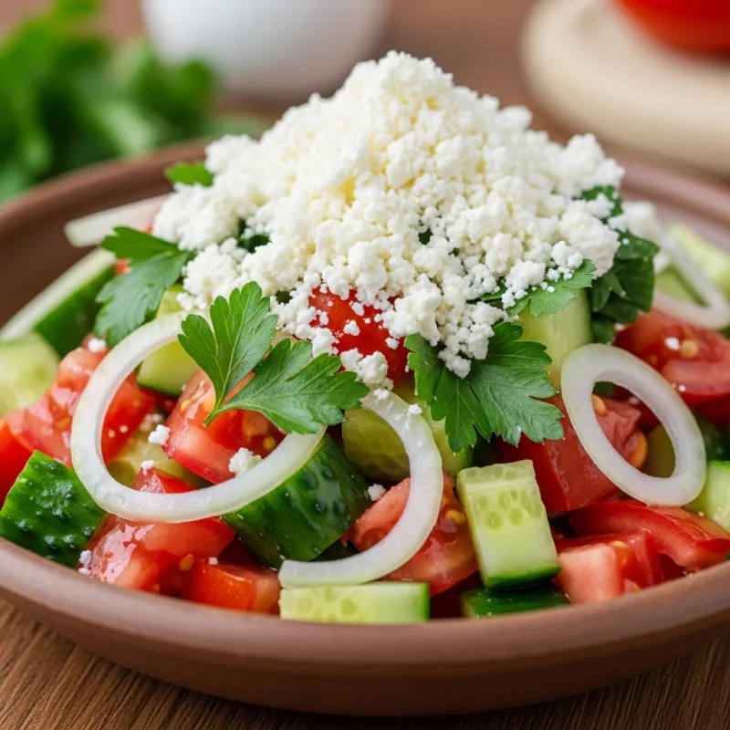 A fresh Shopska Salata with tomatoes, cucumbers, onions, and sirene cheese.