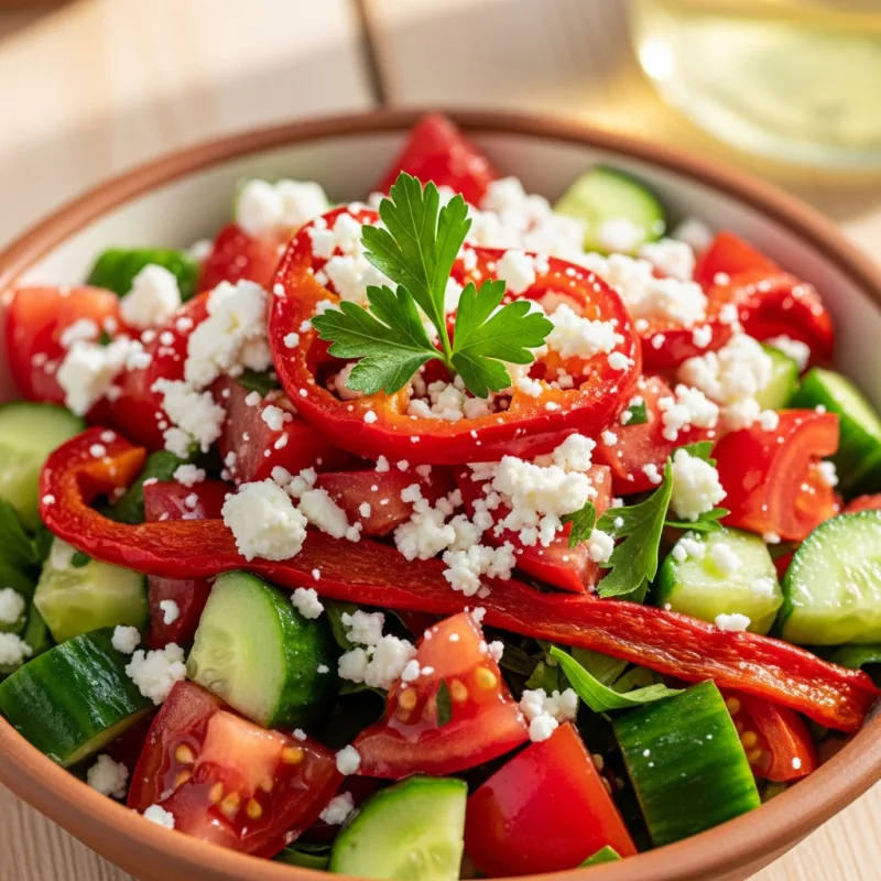 Shopska Salata, a traditional Bulgarian salad with tomatoes, cucumbers, peppers, and sirene cheese.