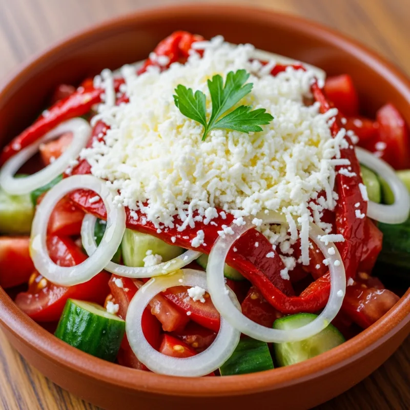 A colorful Shopska Salata with tomatoes, cucumbers, peppers, and sirene cheese.