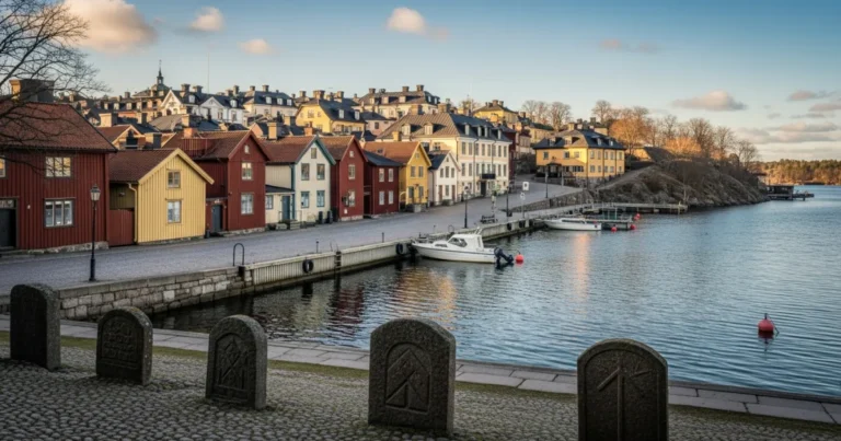 Sigtuna 4 Panoramic view of Sigtuna, Sweden, with colorful wooden houses, runestones, and Lake Mälaren