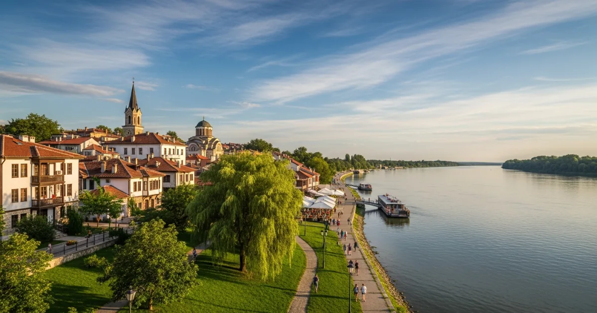 Panoramic view of Silistra, Bulgaria, with the Danube River and historic buildings