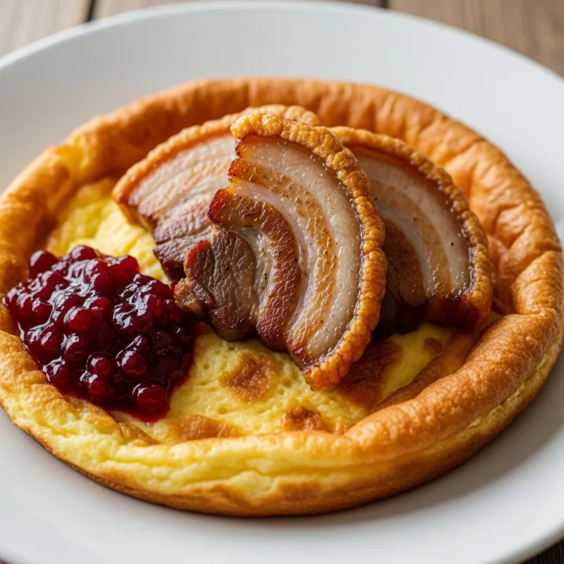 Skånsk Äggakaka with fried pork and lingonberry jam