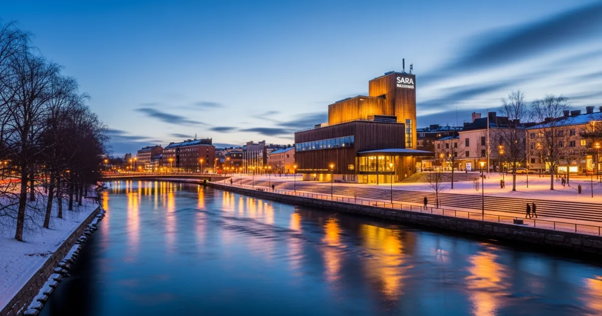 Panoramic view of Skellefteå city center and Skellefte River at dusk