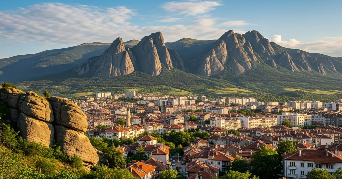 Panoramic view of Sliven city with Sinite Kamani mountains in the background