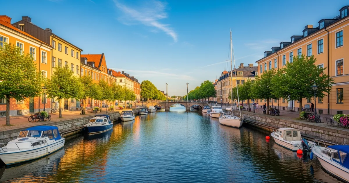 Panoramic view of Södertälje canal with historic buildings and boats