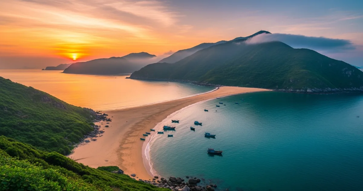 Panoramic view of Vietnam's South Central Coast at sunrise with beach and mountains