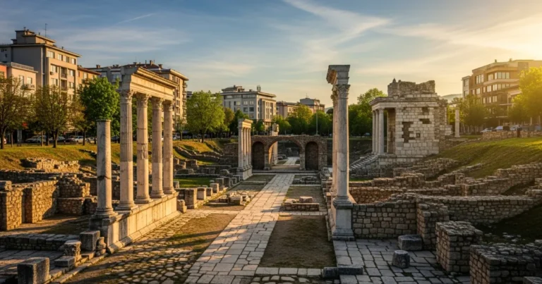 Stara Zagora 1 Panoramic view of the ancient Roman Forum of Augusta Traiana in Stara Zagora, Bulgaria, at sunset.