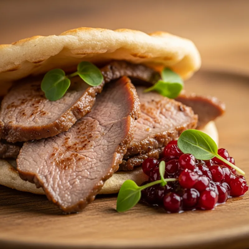 Traditional Sámi Suovas dish with smoked reindeer meat and lingonberry jam in flatbread.