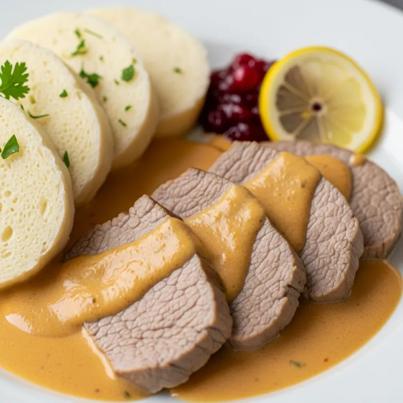 Traditional Czech Svíčková na smetaně with dumplings and cranberries