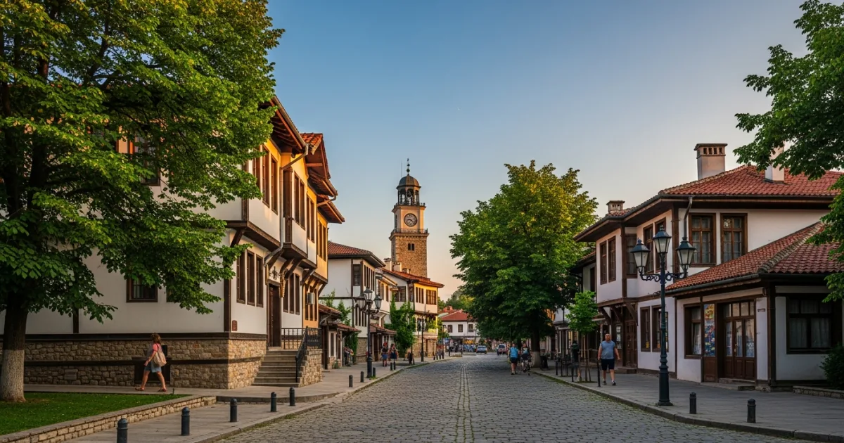Charming Varosha Quarter in Targovishte, Bulgaria, with traditional houses and the historic Clock Tower.