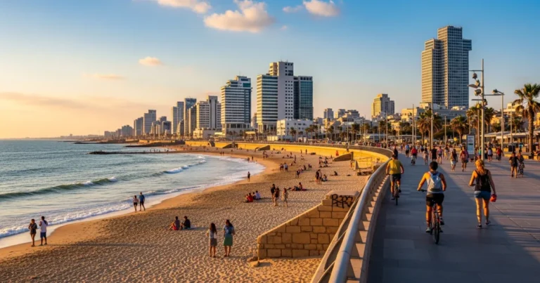 Tel Aviv District 11 Tel Aviv beachfront promenade at sunset with city skyline