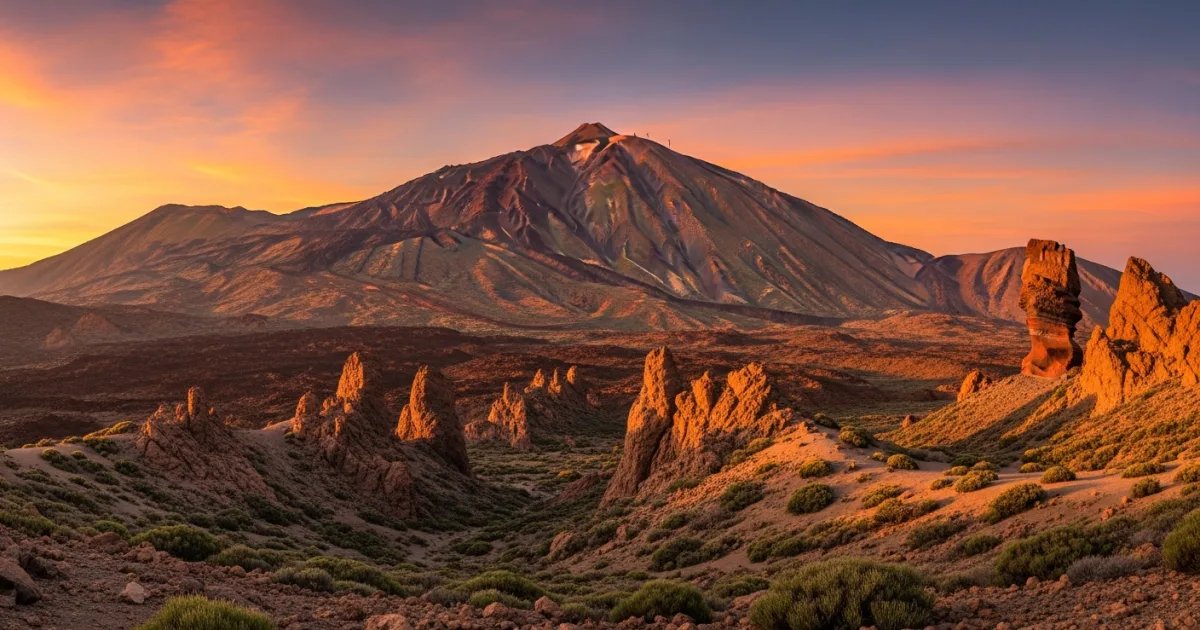 Panoramic view of Mount Teide volcano at sunset in Tenerife, Canary Islands
