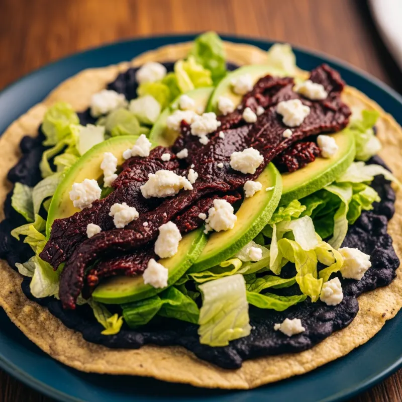 Traditional Oaxacan Tlayuda with tasajo, black beans, and Oaxacan cheese