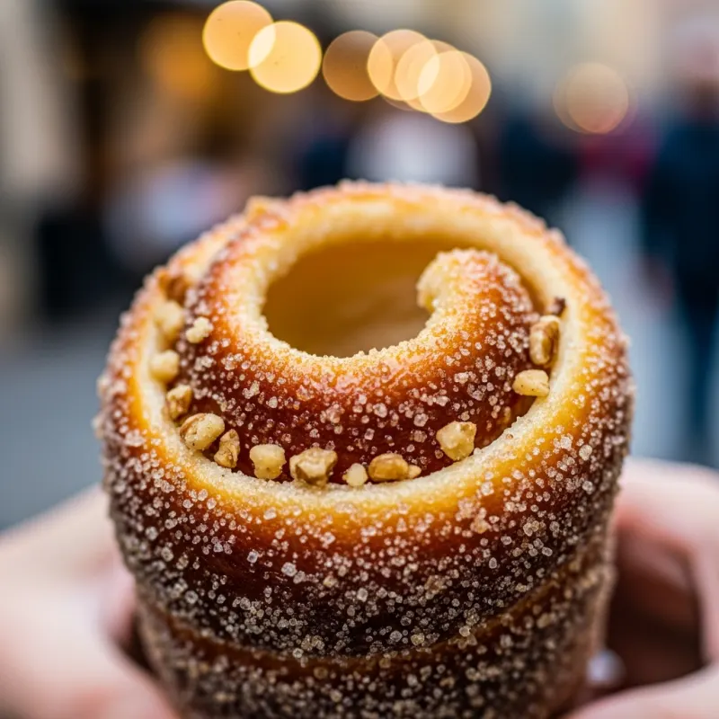 Freshly baked Trdelník coated in sugar and walnuts