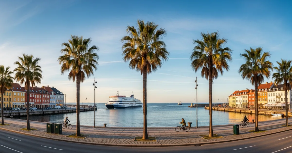 Scenic view of Trelleborg harbor with palm trees and a ferry