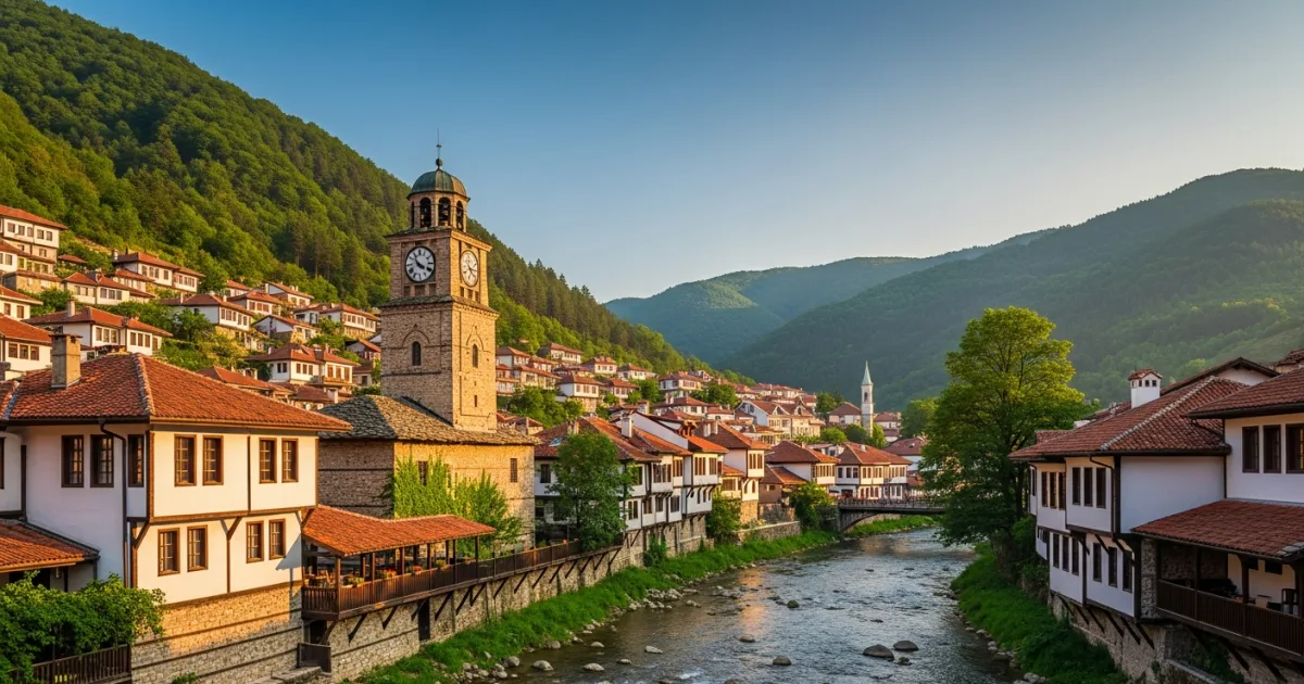 Panoramic view of Tryavna, Bulgaria with its Clock Tower and traditional houses