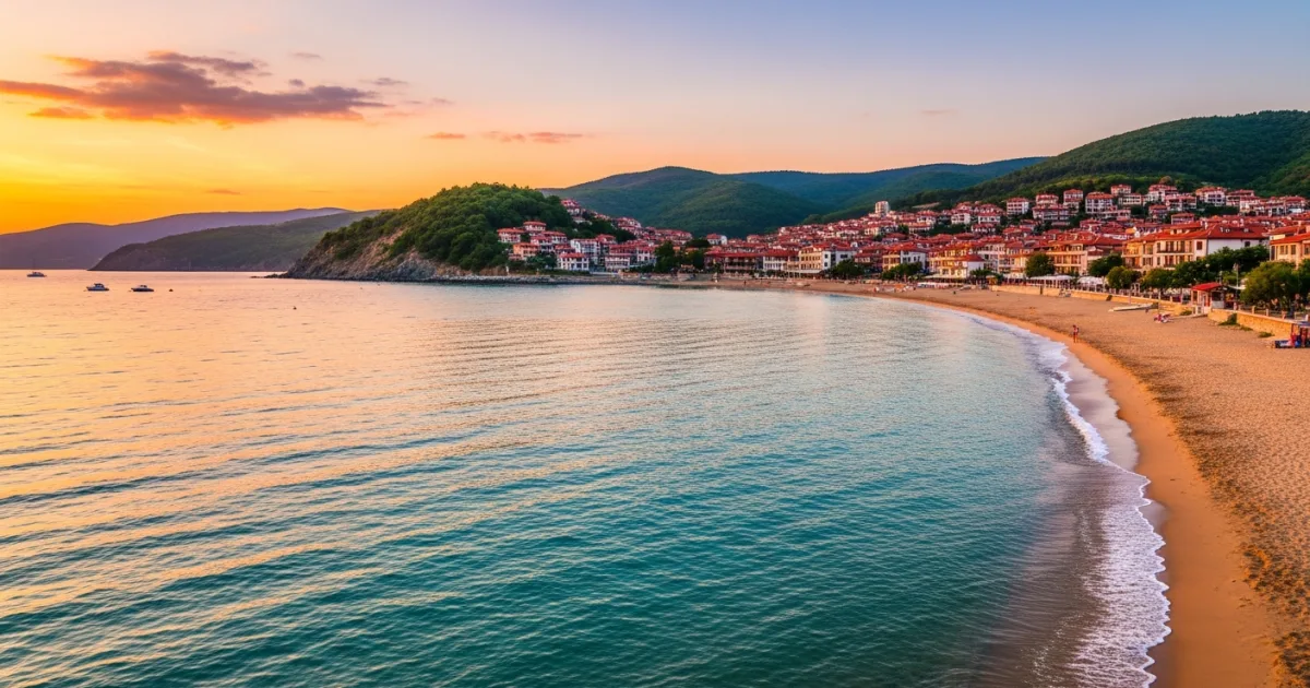 Panoramic view of Tsarevo coastline at sunset