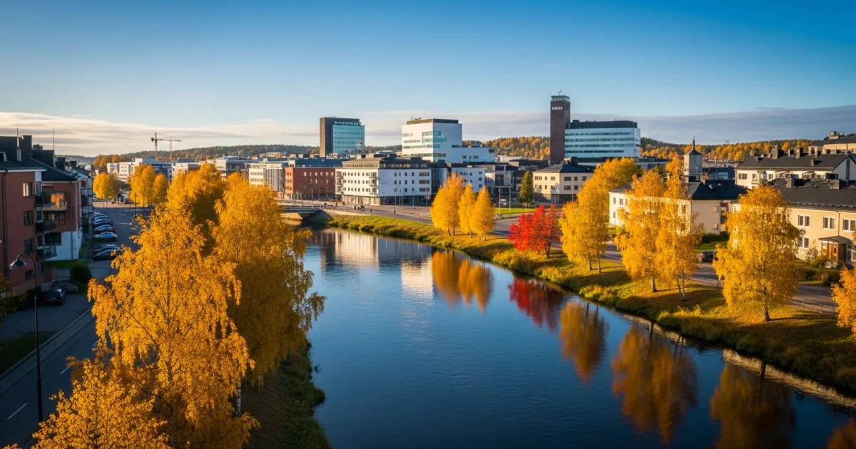 Panoramic view of Umea, Sweden, with the Ume River and autumn foliage