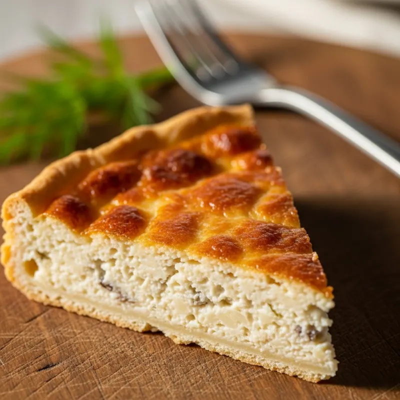 A slice of Västerbottensostpaj, a savory Swedish cheese pie