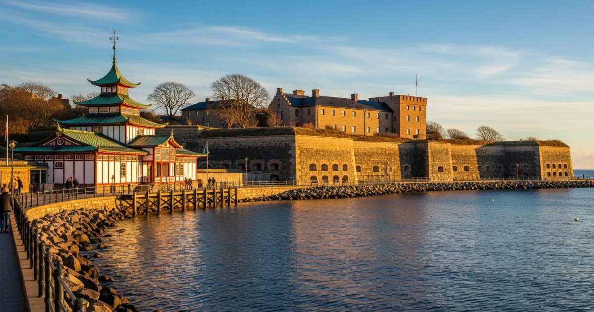 Panoramic view of Varberg Fortress and Cold Bathhouse at sunset