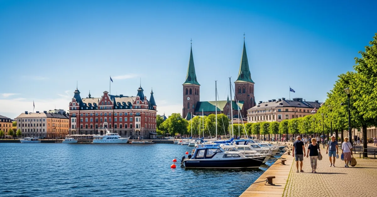 Västerås waterfront with Steam Hotel and Cathedral
