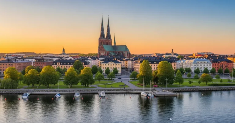 Vaxjo 1 Panoramic view of Växjö, Sweden, with its cathedral and Lake Växjö at sunset